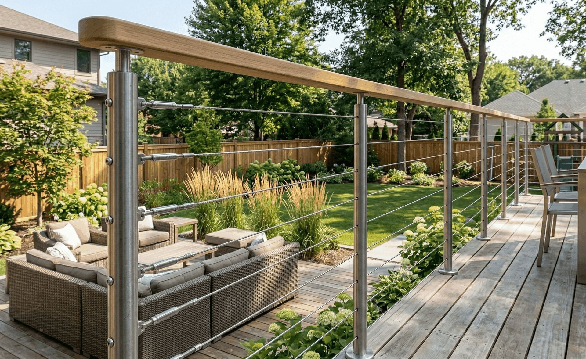 cable railing in the backyard of suburban home