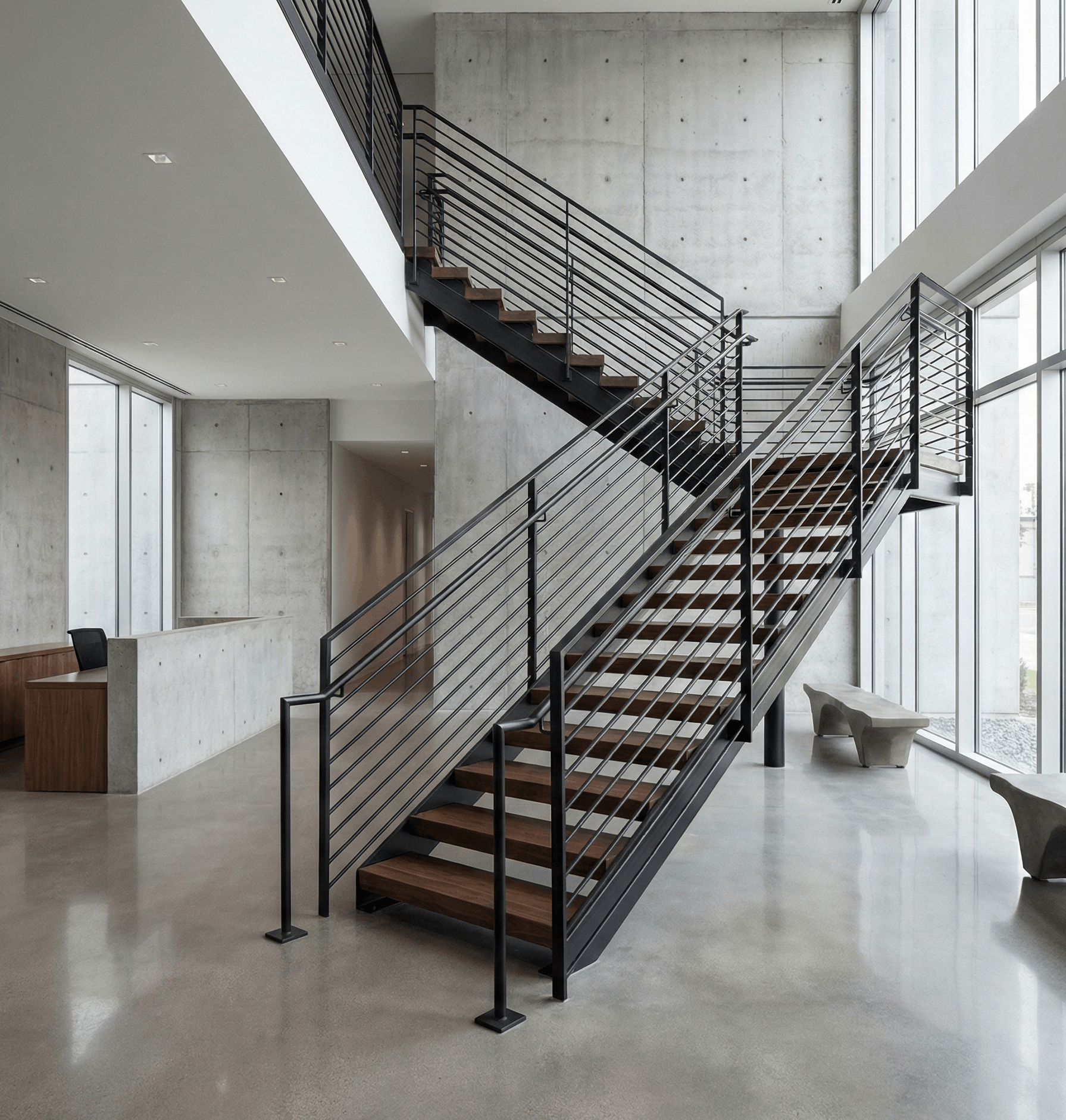 modern staircase with metal railings