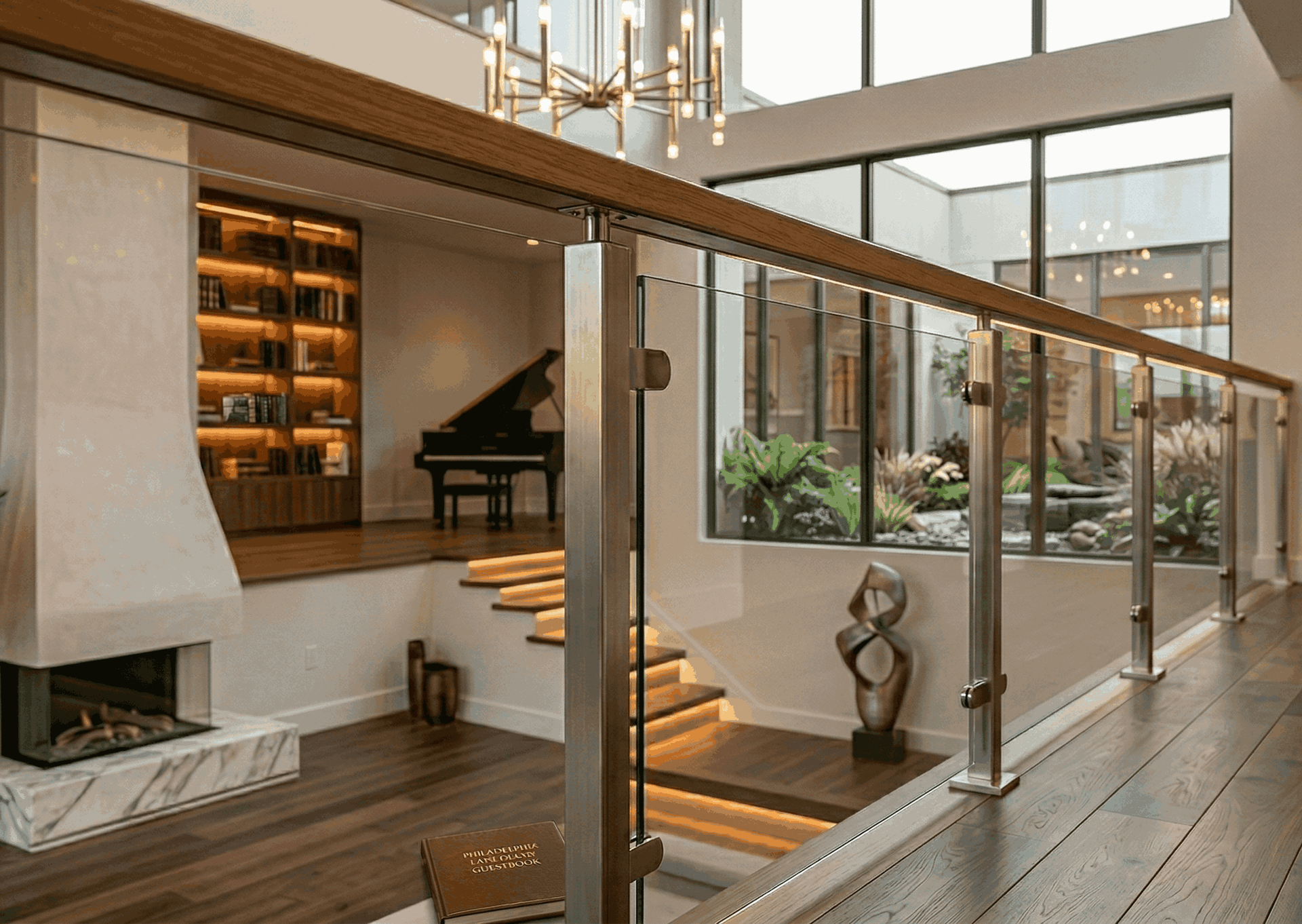 modern glass railing inside luxury home