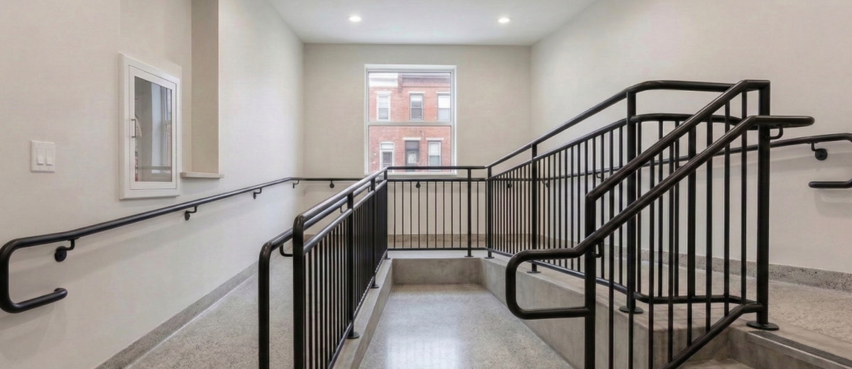 railing for stairs and wheelchair ramp inside office building