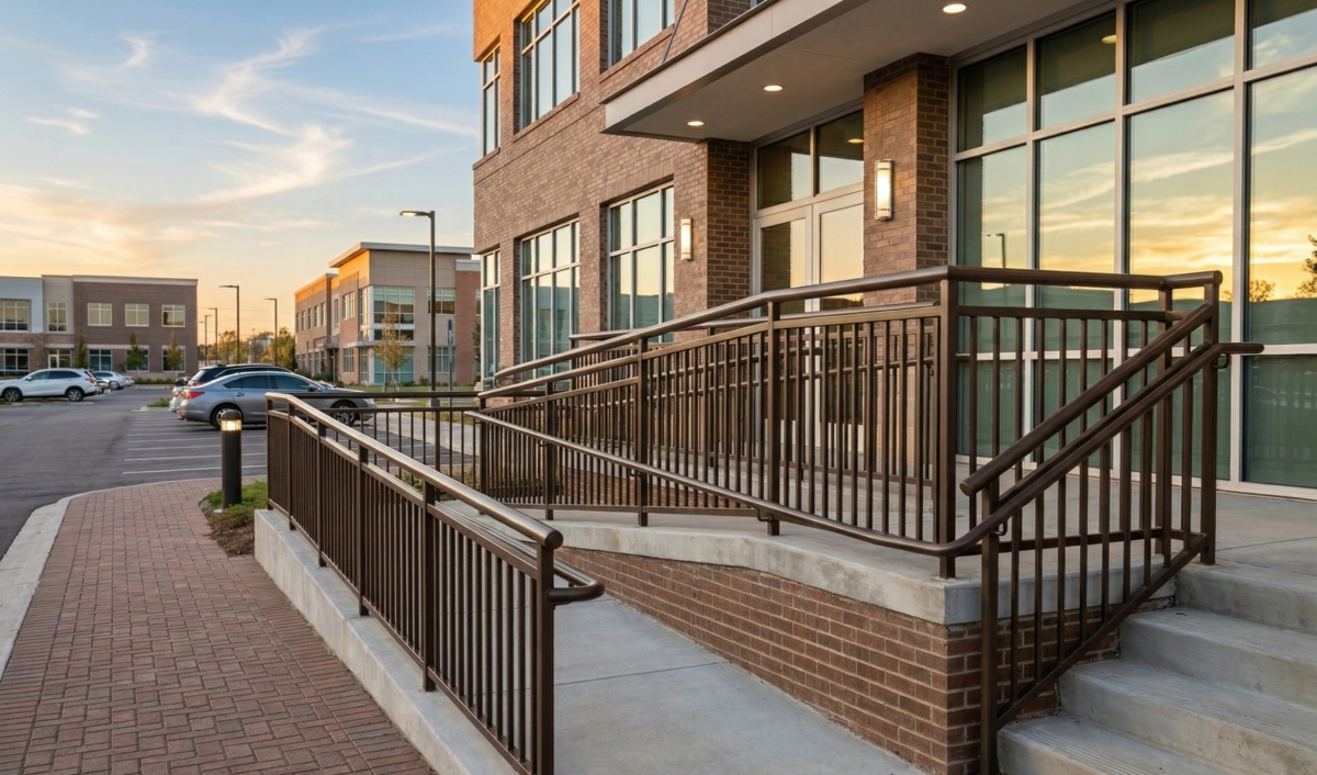 railing for wheelchair ramp outside commercial building