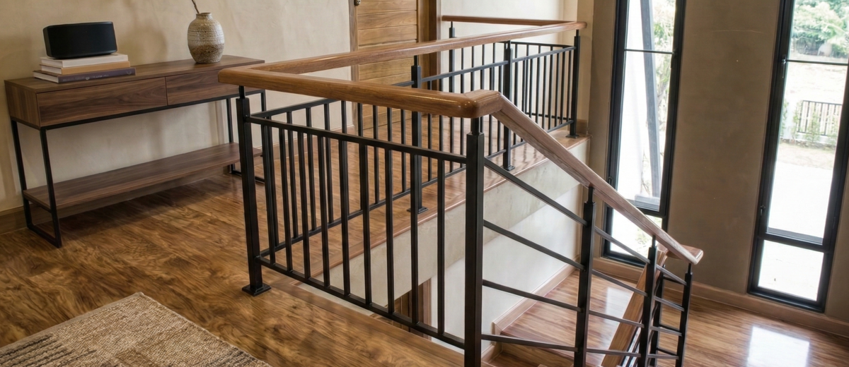 modern staircase with metal railings with wood tops