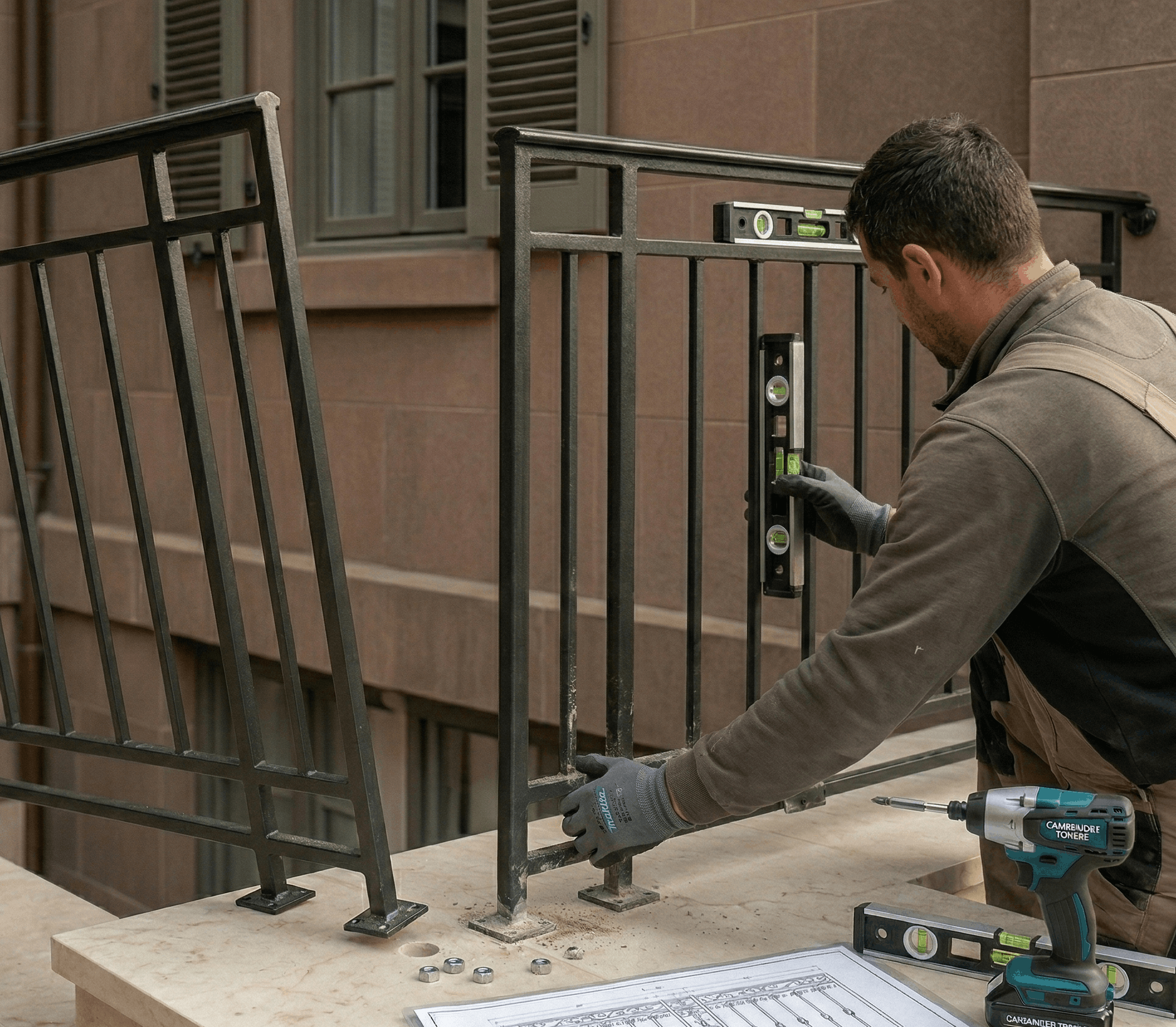 railing expert installing level railing on street