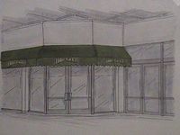 A drawing of a building with a green awning over the entrance.