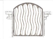 A black and white drawing of a gate with waves on it.