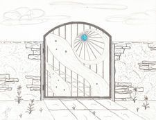 A black and white drawing of a gate with a blue stone in the middle.
