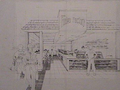 A black and white drawing of a juice factory