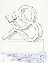 A black and white drawing of a sculpture on a pedestal.
