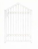 A drawing of a white wrought iron gate on a white background.