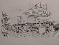 A black and white drawing of a restaurant with tables and chairs.