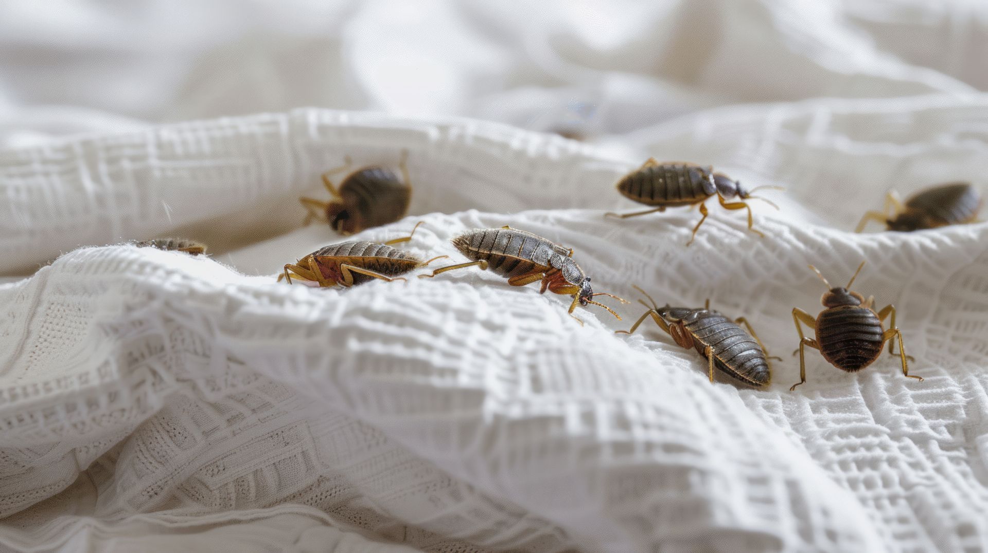 A bunch of bed bugs are crawling on a bed.