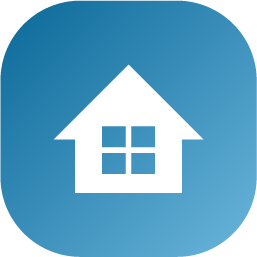 White house icon on a blue rounded square background.