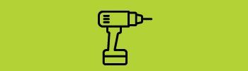 A black and white icon of a drill on a green background.