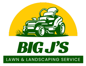 Green riding lawn mower, "BIG J's" logo. Yellow sun, green text on a white background, lawn service.