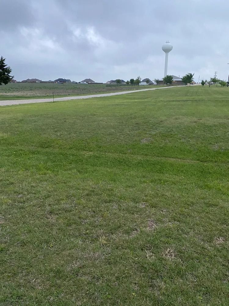 Green field with path, homes in the distance, a water tower under cloudy skies.