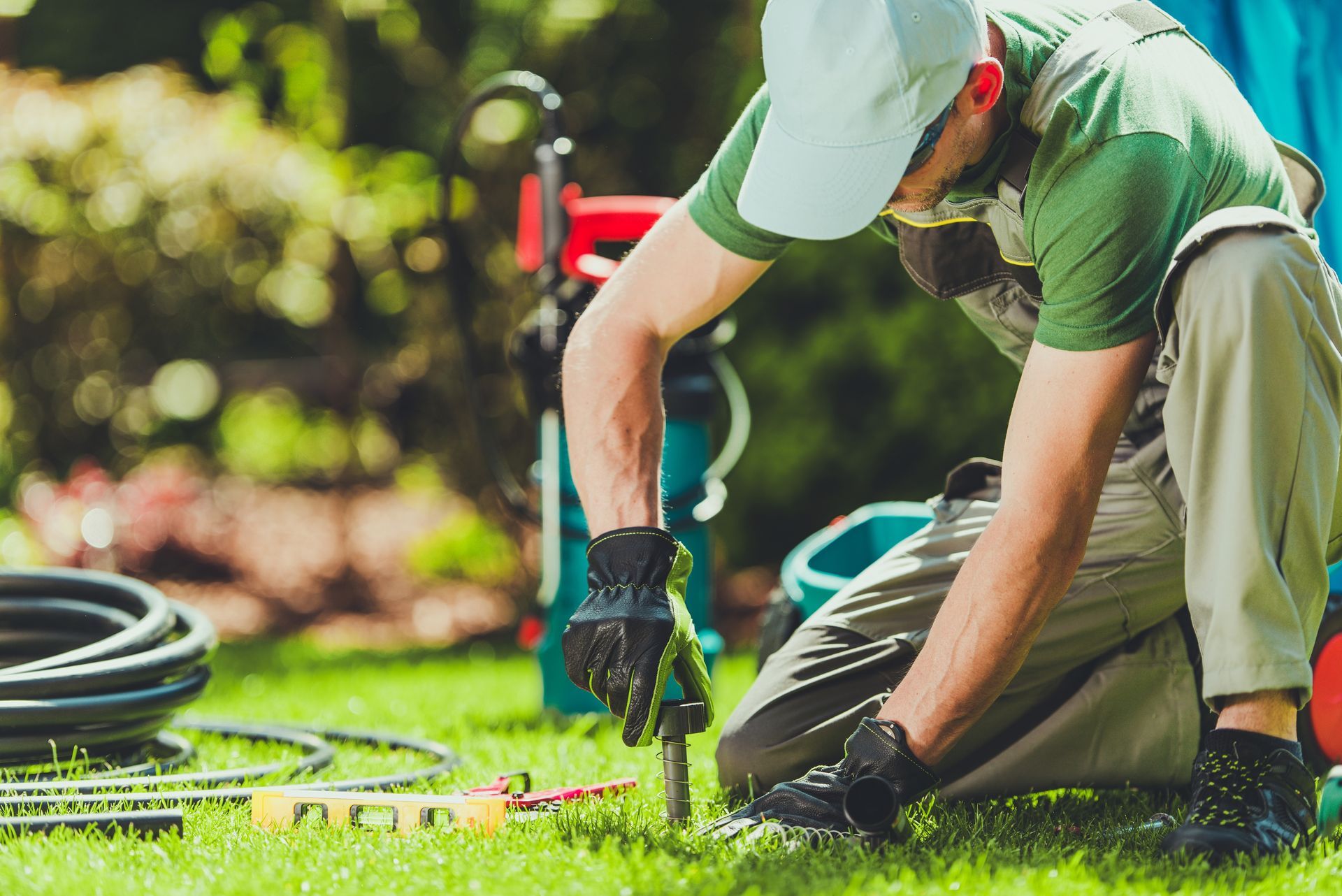 Man in work clothes kneels on grass, working with tools in a yard, sunny day.