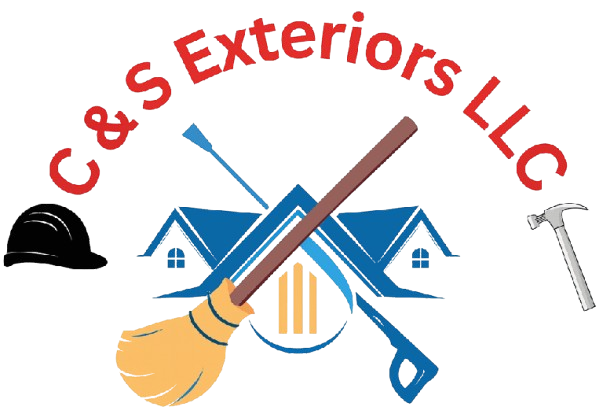 Logo for C & S Exteriors LLC with tools, a house, and text on a cloudy background.