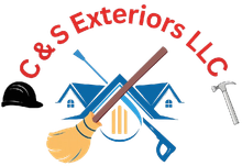 Logo for C & S Exteriors LLC with tools, a house, and text on a cloudy background.