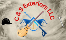 Logo for C & S Exteriors LLC with tools, a house, and text on a cloudy background.