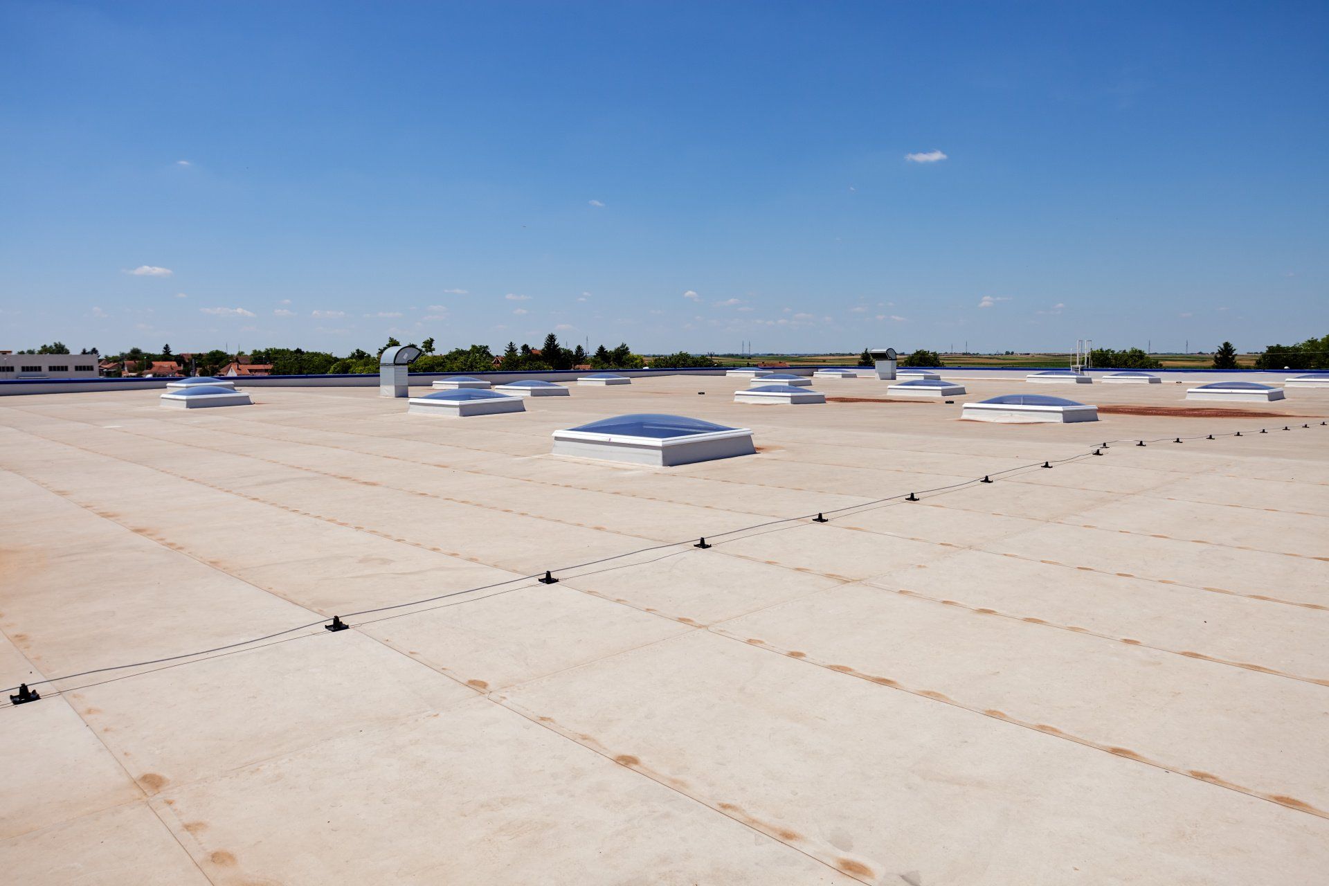 A roof with a lot of skylights on it