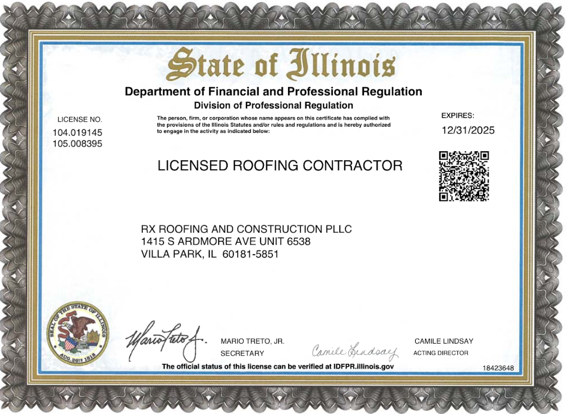 A licensed roofing contractor certificate from the state of illinois