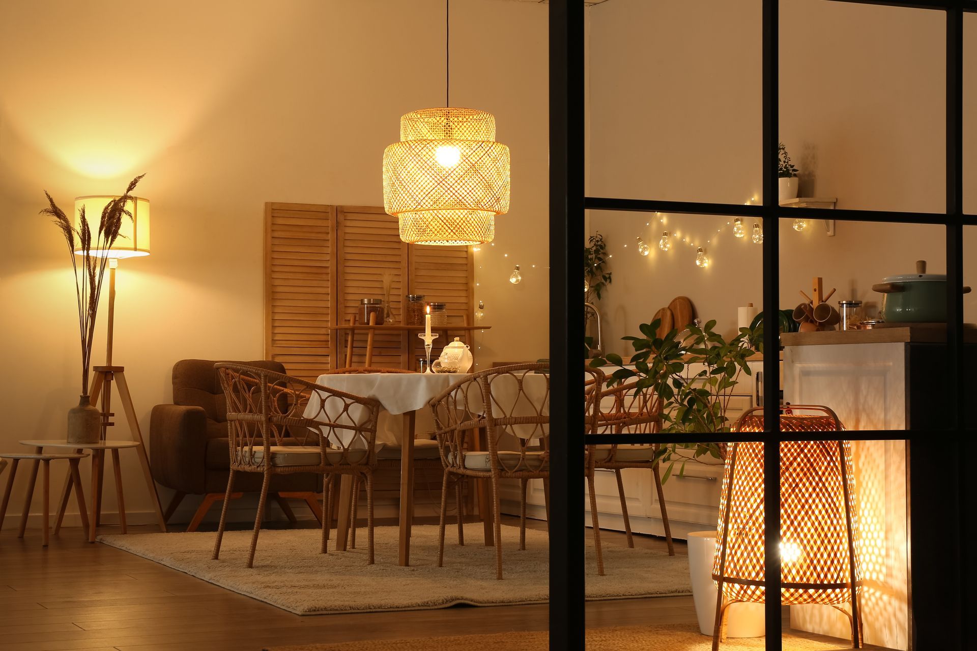 Cozy interior view through a window: warm lights illuminate a dining area with rattan furniture and a pendant lamp.