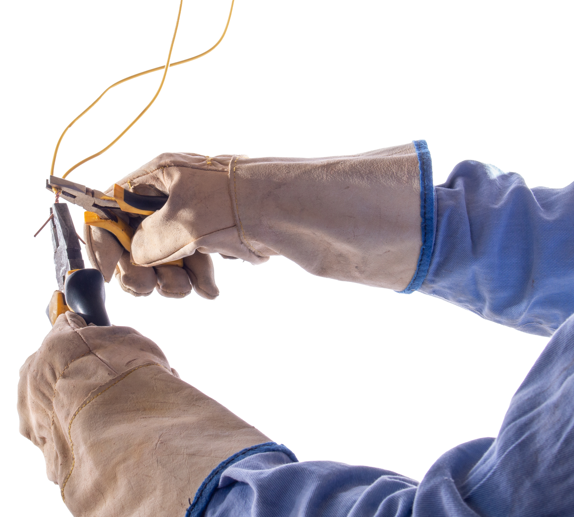 Hands wearing gloves cutting a wire with pliers.