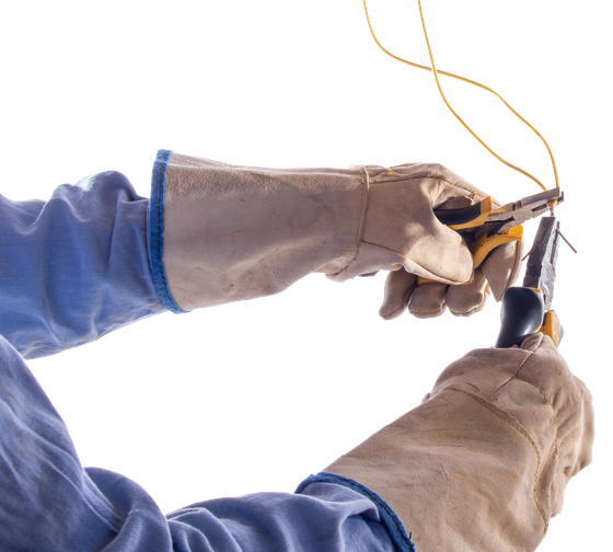 Hands wearing gloves cutting a wire with pliers.