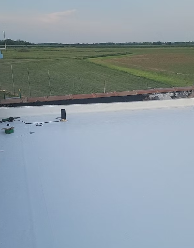 View of a large, light-colored roof with fields and a distant horizon under a pale sky.