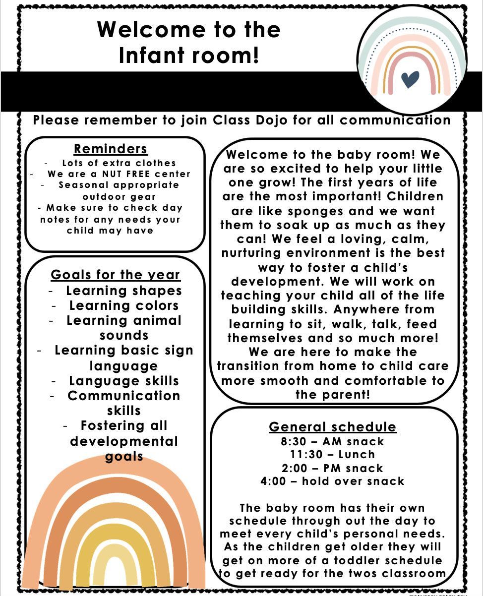 Welcome to the infant room ! please remember to join class dojo for all communication.