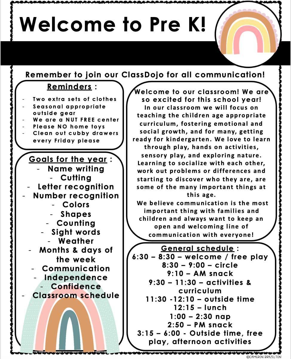 A welcome to pre k flyer with a rainbow on it.