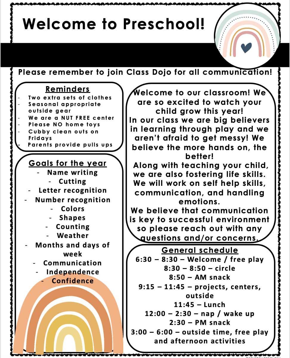 Welcome to preschool ! please remember to join class dojo for all communication !