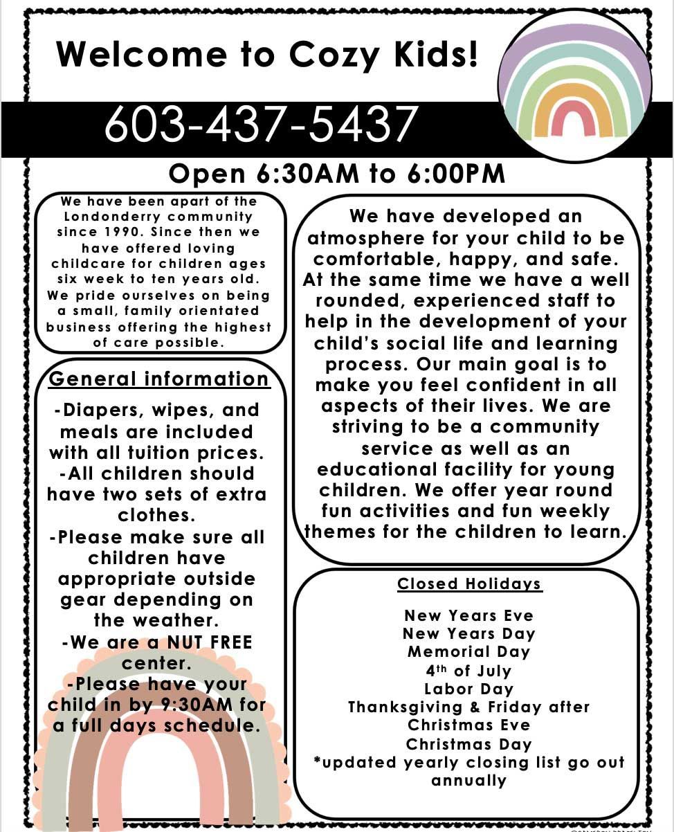 A flyer for cozy kids is open from 6:30 am to 6:00 pm.