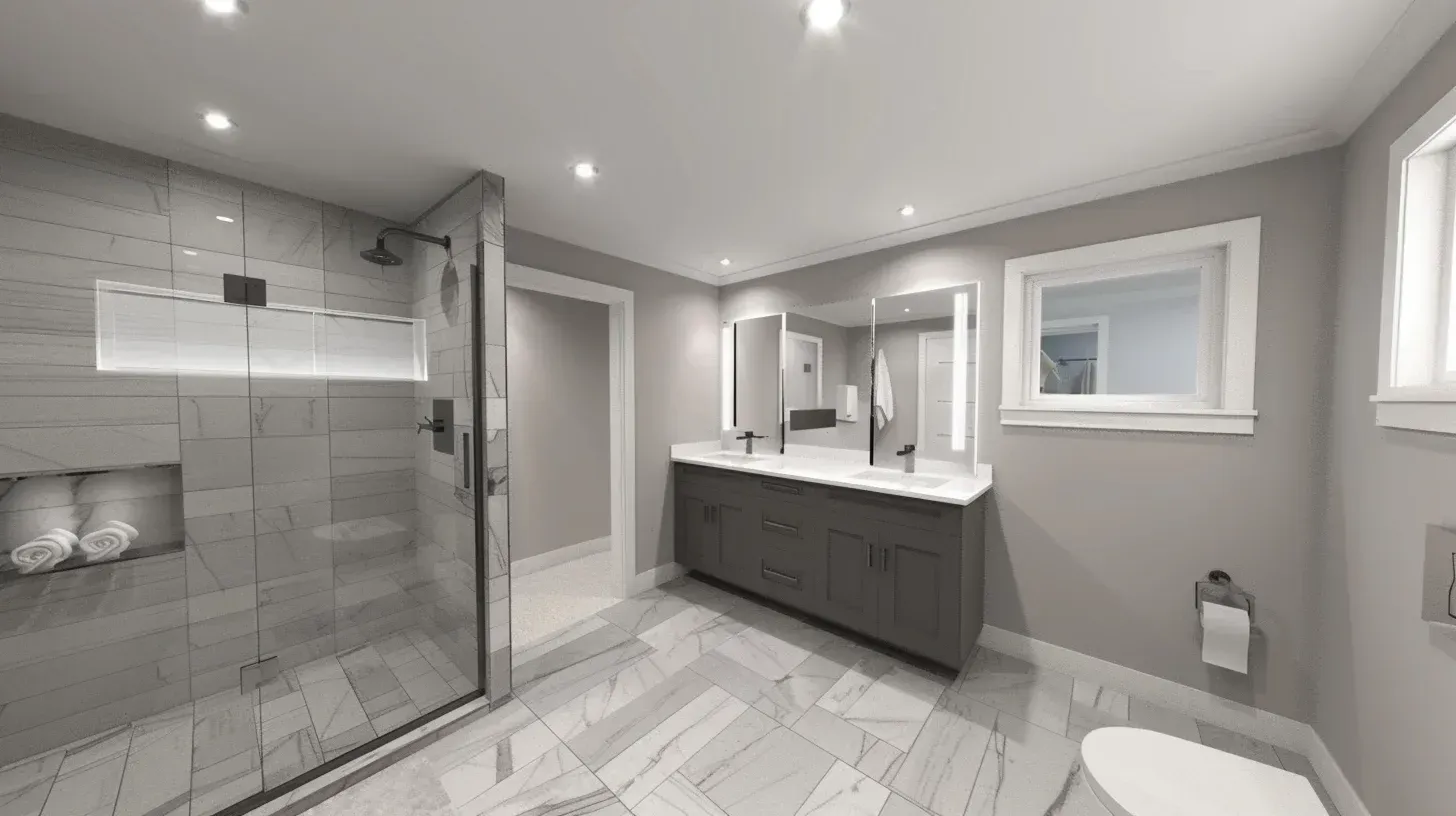 Contemporary bathroom renovation Vancouver BC with matte black fixtures and porcelain slab walls. Heated floors increase comfort during colder months. Professionally waterproofed using Schluter membrane systems.
Affordable bathroom renovation Vancouver including vanity refacing and faucet replacement. Ceramic tile flooring upgrade modernizes the space. Transparent remodeling estimates provided.
Vancouver bathroom remodel transformation featuring tub-to-shower conversion. Rainfall showerhead and mosaic tile base add luxury detail. Fully code-compliant plumbing and electrical upgrades included.
Residential bathroom renovation Vancouver with custom cabinetry and stone vanity top. LED recessed lighting improves brightness. Completed by trusted local bathroom renovation specialists.
Metro Vancouver bathroom remodeling project with smart mirror and energy-efficient ventilation fan. Waterproof tile installation protects structural integrity. Delivered under full municipal permit compliance.