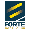 Logo del Forte Padel Club: quadrato blu navy con due strisce gialle angolate sopra il testo bianco su sfondo nero.