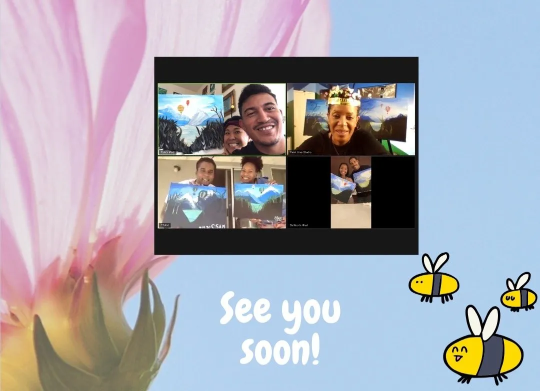 Group video call with participants showing paintings; text says 