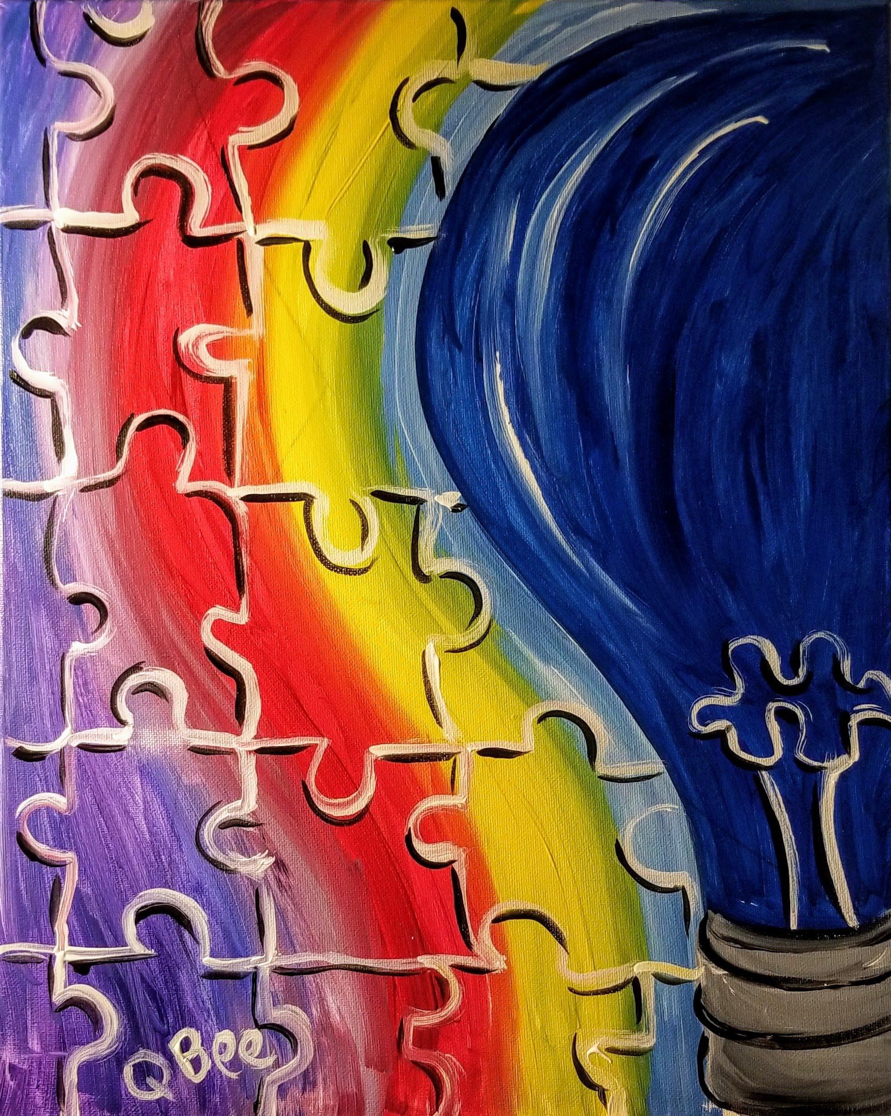 Puzzle pieces and a blue lightbulb with a rainbow background.
