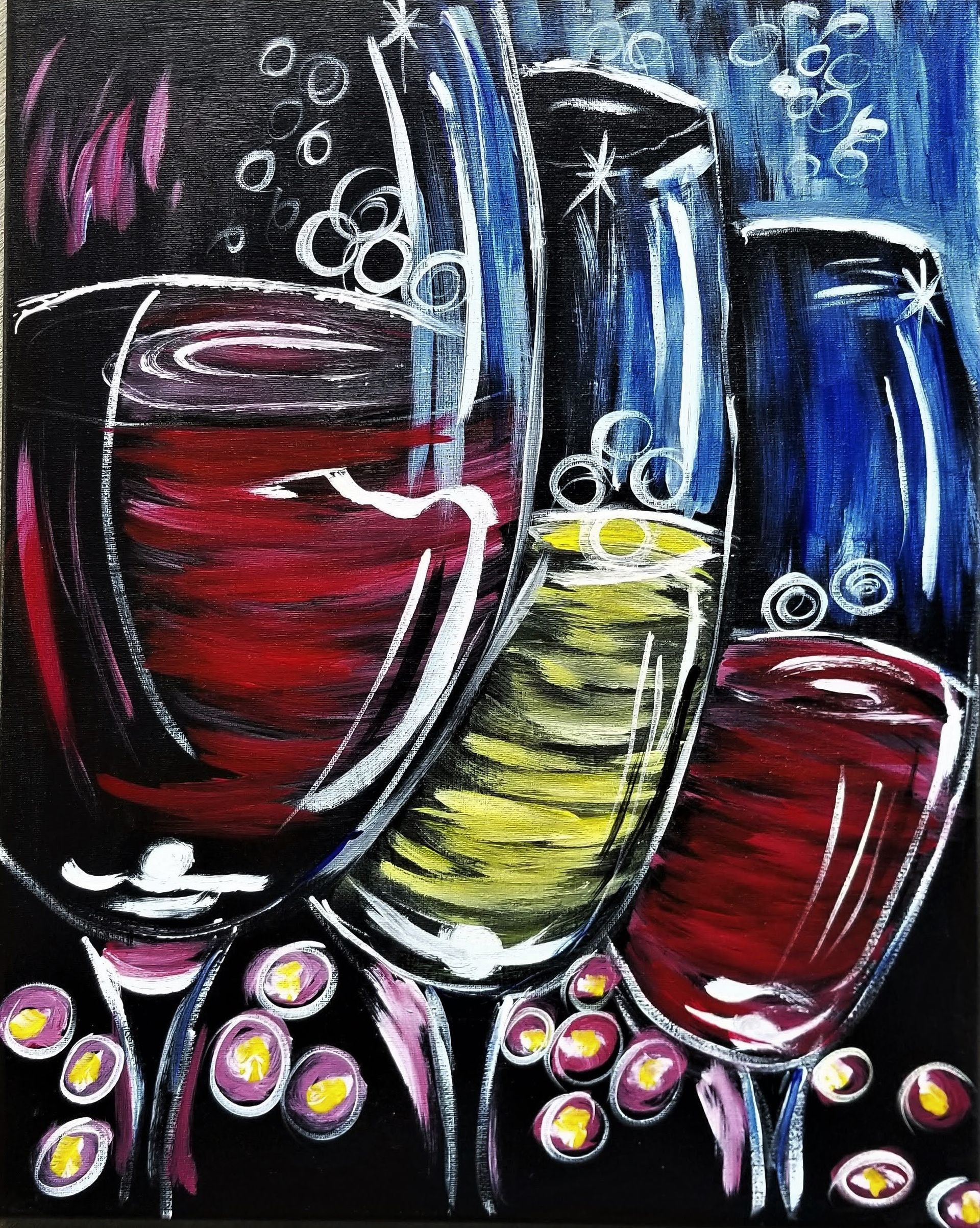 Four colorful wine glasses filled with red, yellow, and blue liquid on a black background, with grapes.