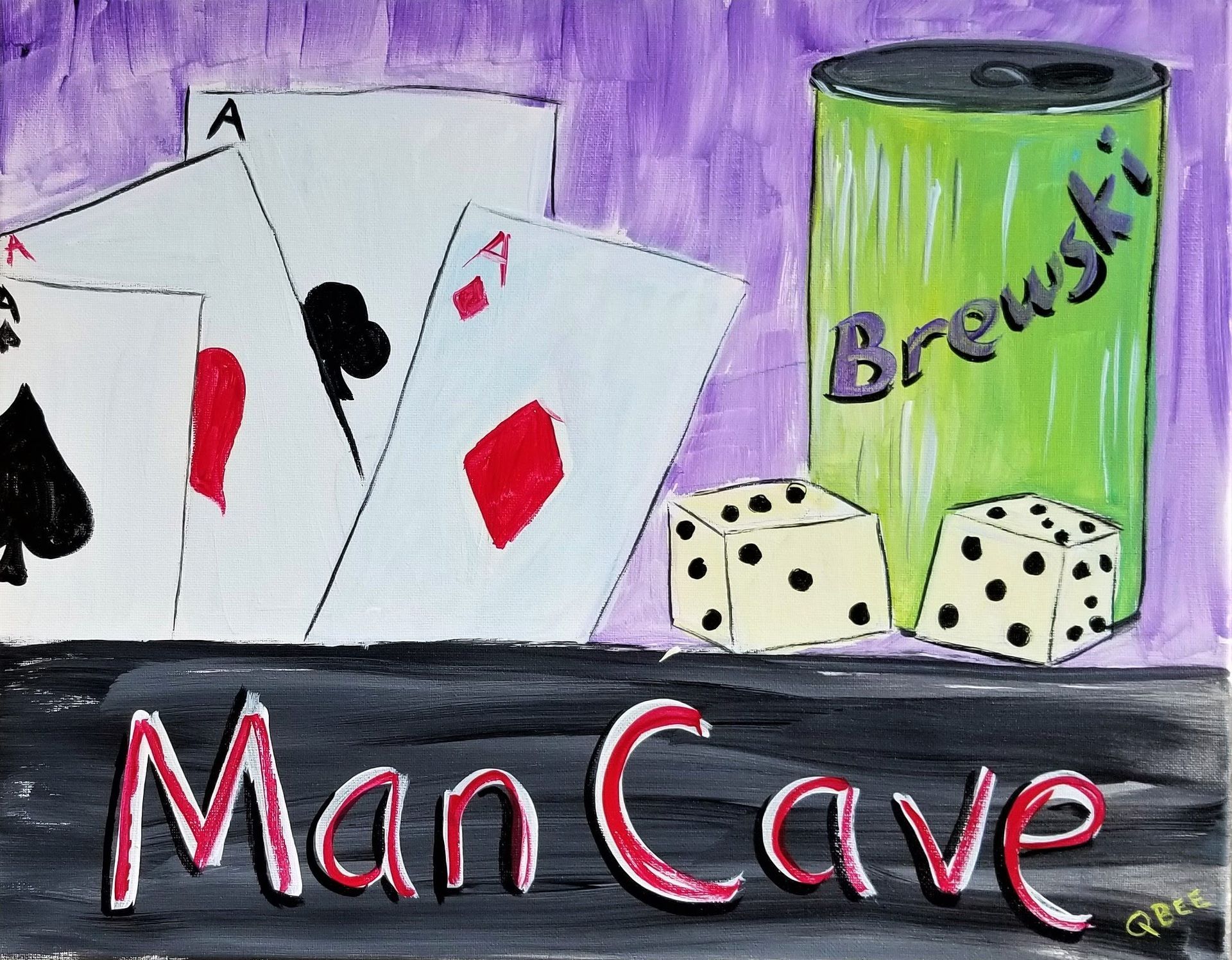Man Cave scene: playing cards with aces, dice, a green