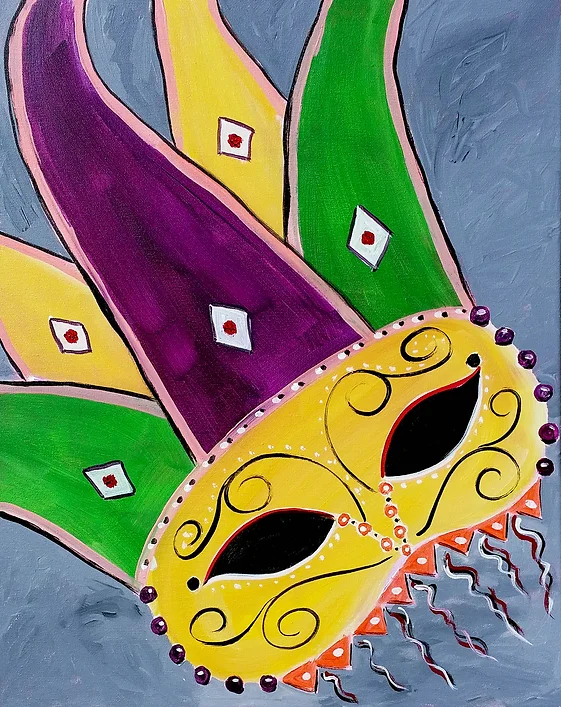Mardi Gras mask painting with yellow, purple, and green colors, and a gray background.