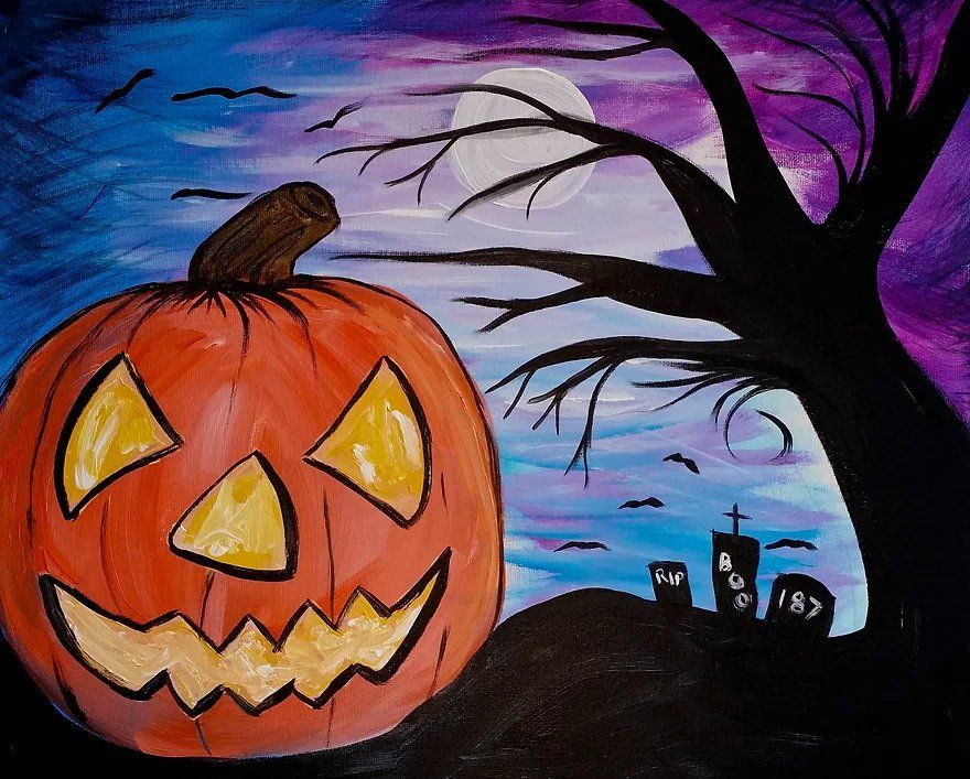 Halloween painting: grinning jack-o'-lantern, spooky tree, full moon, and graveyard on a purple and blue night.