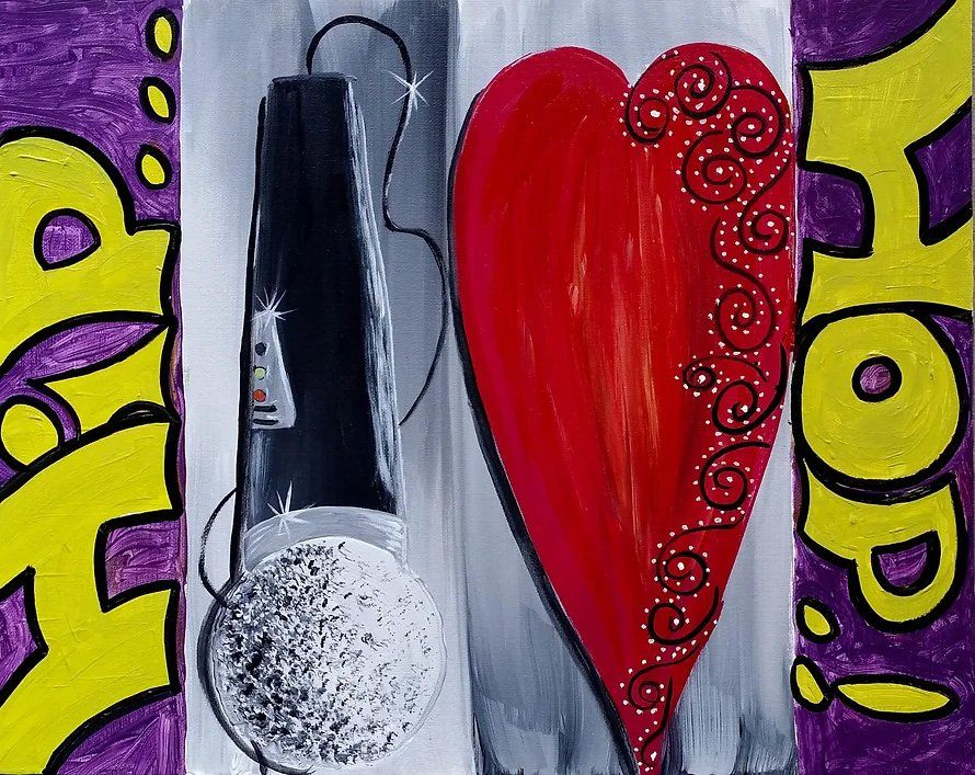 Hip Hop art: microphone and large red heart with swirl pattern, purple and yellow