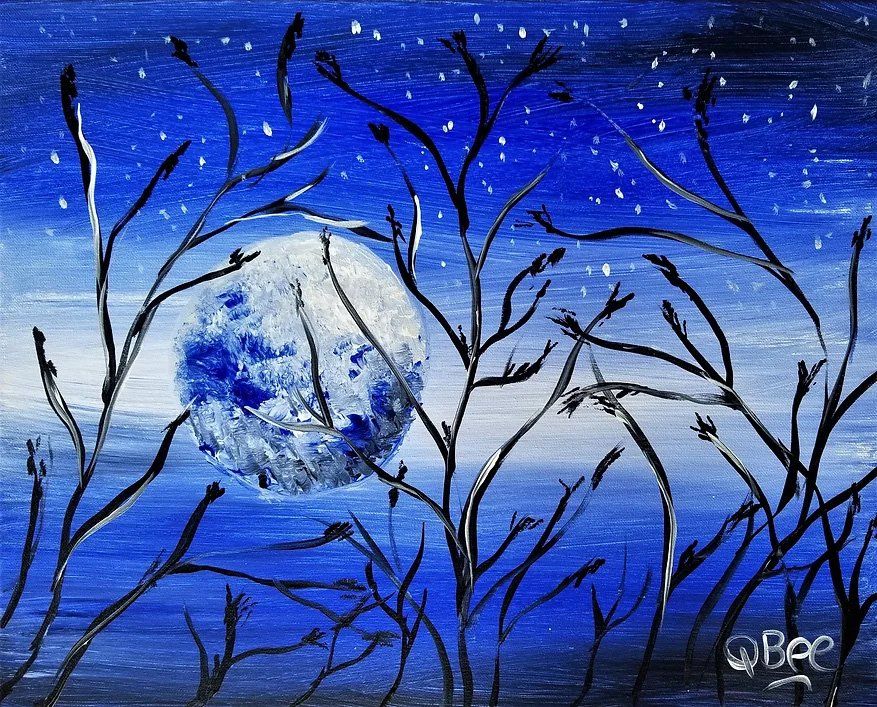 Full moon at night behind silhouetted branches. Blue sky with white stars.