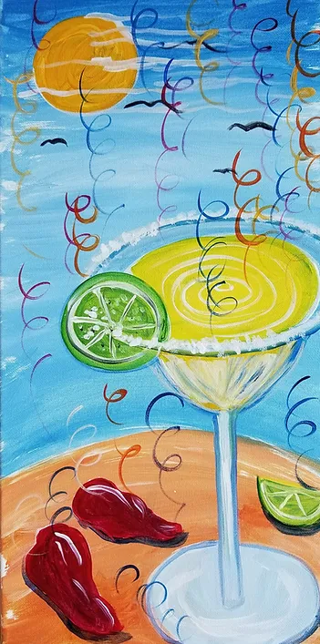 Painted margarita on a beach with the sun. Includes a lime, red peppers, and festive spirals.