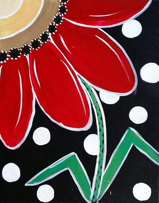 Red flower with white outline and polka dots on a black background.