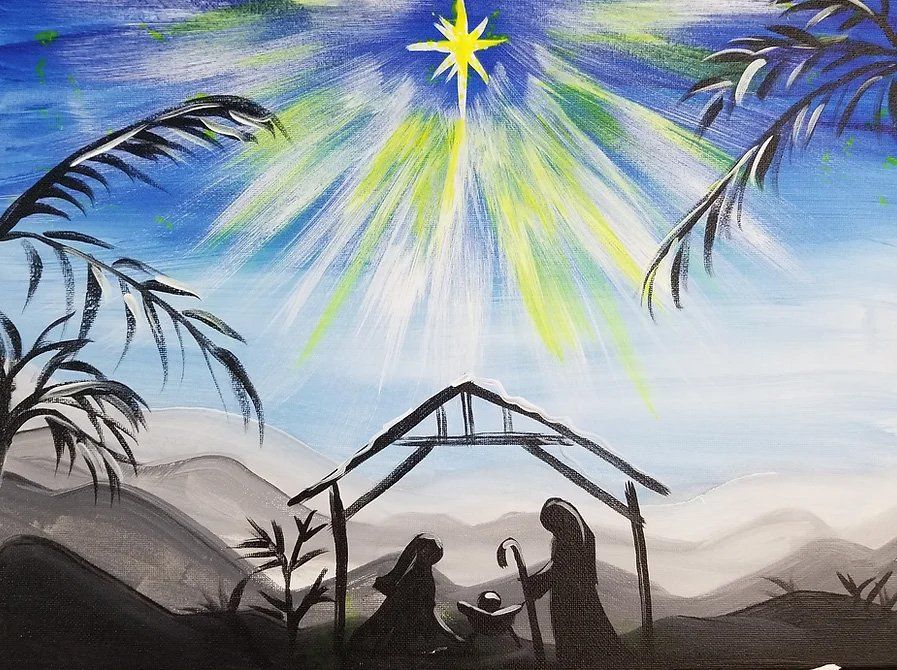 Nativity scene: Silhouetted figures of Mary, Joseph, and baby Jesus under a starburst.