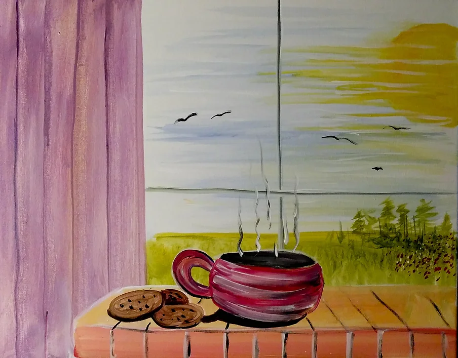 Pink mug of coffee with steam and cookies on a table in front of a window overlooking a landscape.