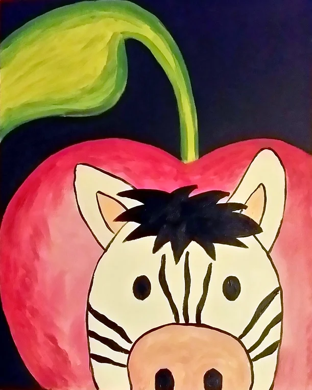 Zebra face inside a red fruit with a green stem, on a dark background.