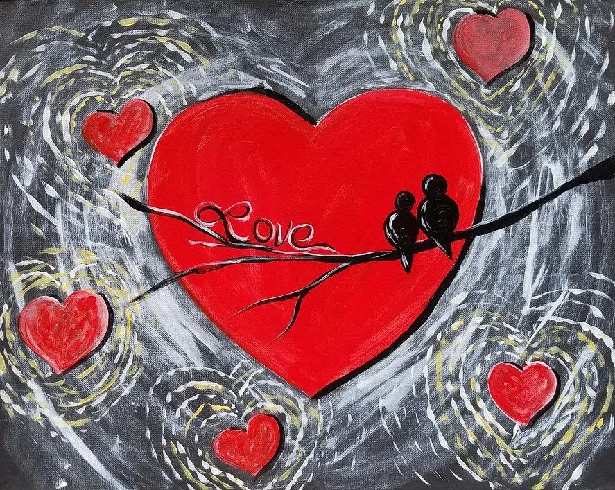 Red heart with birds perched on a branch, surrounded by hearts and swirling light on a black background.