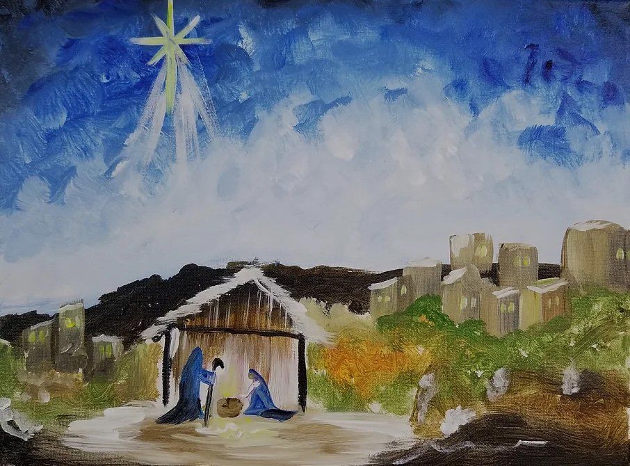 Nativity scene, Mary and Joseph with baby Jesus in a manger, bright star over town at night.